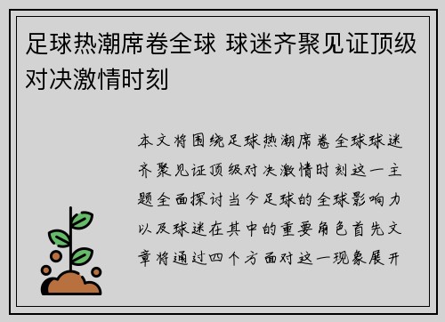 足球热潮席卷全球 球迷齐聚见证顶级对决激情时刻