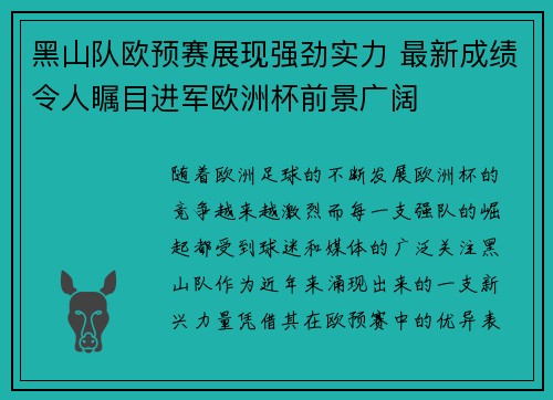 黑山队欧预赛展现强劲实力 最新成绩令人瞩目进军欧洲杯前景广阔